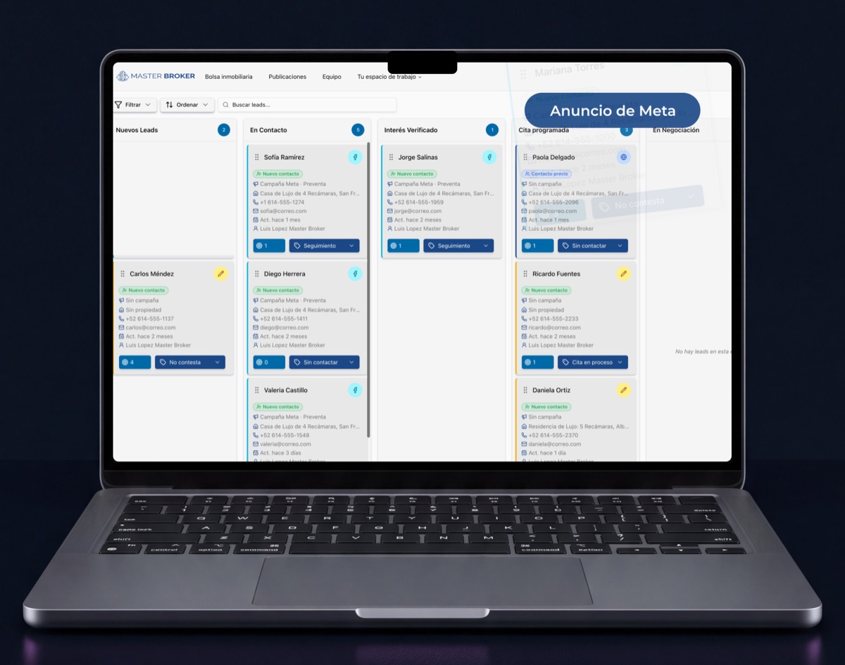 CRM de Master Broker AI con los prospectos de un anuncio de Meta